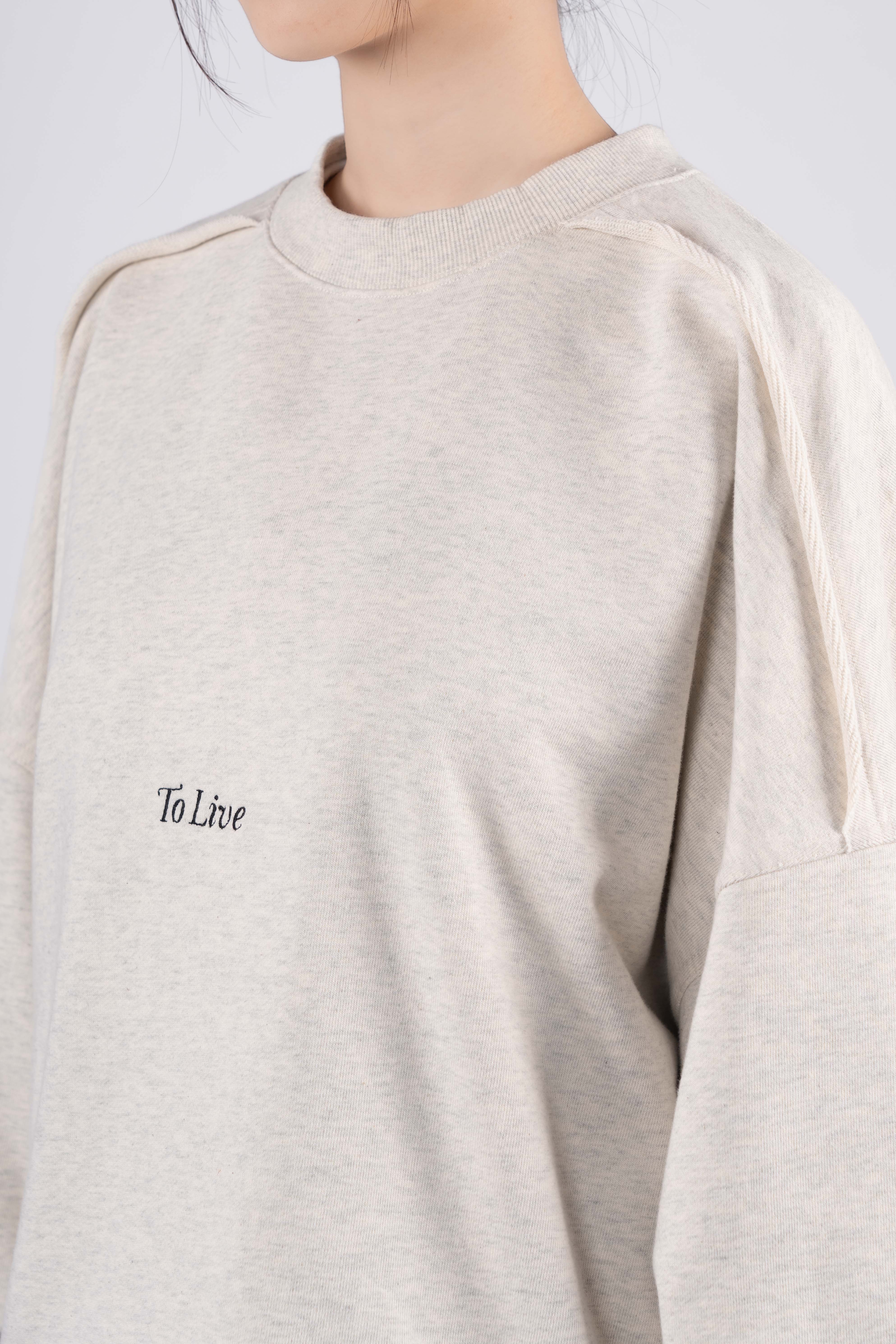 “TO LIVE” Cropped Relaxed Crewneck Sweatshirt - Mélange Light Grey