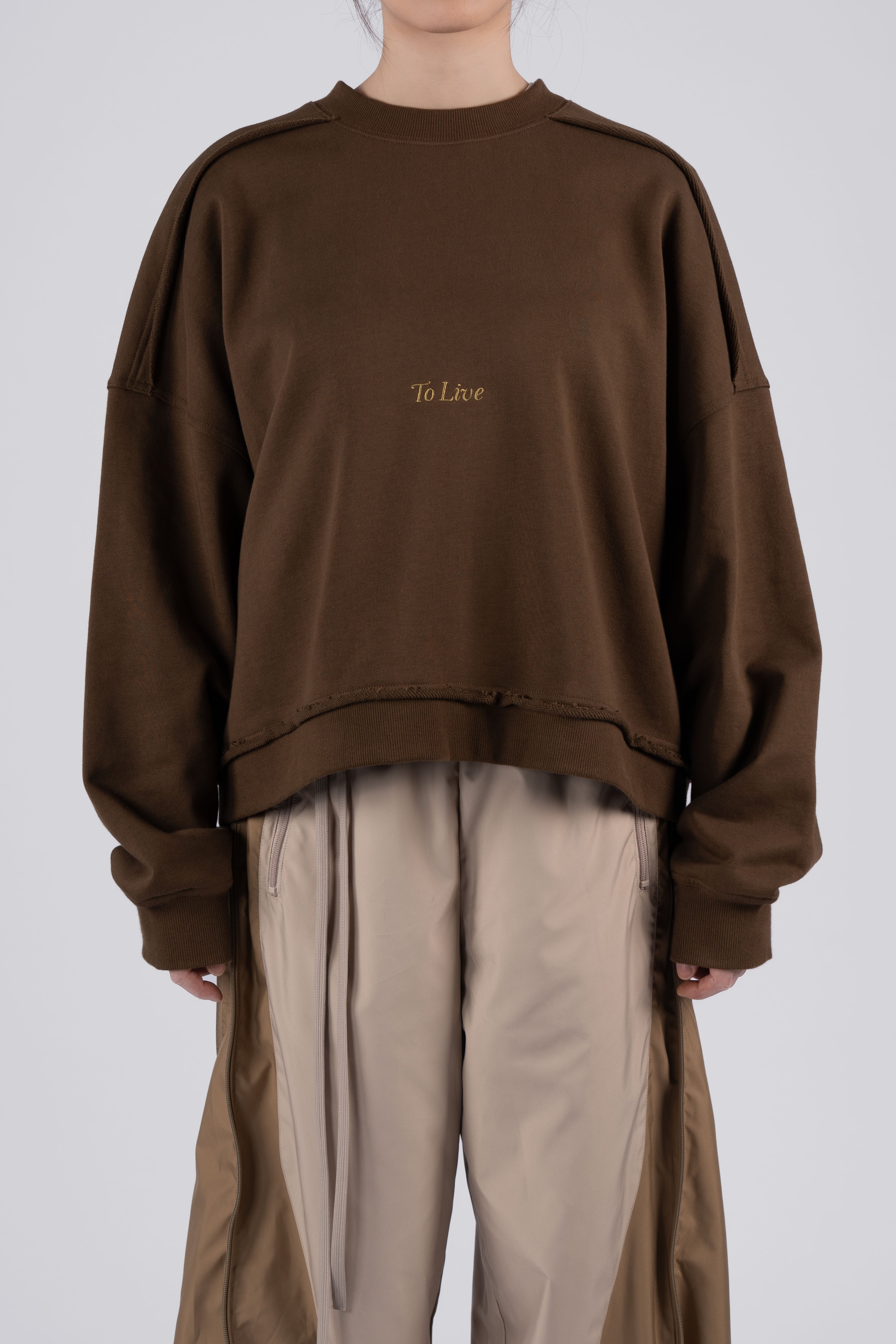 “TO LIVE” Cropped Relaxed Crewneck Sweatshirt - Olive